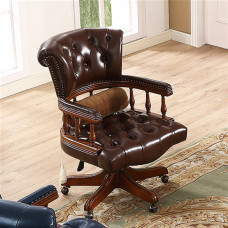 Comfortable Height Adjustable Office Chair for Home with Ergonomic Design European Style Solid Wood Swivel Chair Upholstered with Genuine Leather