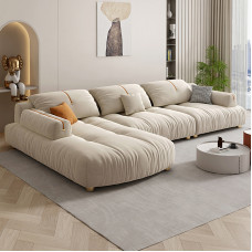 French Cream Upholstery Sofa Design for Contemporary Minimalist Corner Living Room