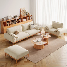 Japanese style fabric sofa solid wood cream color Nordic white wax wood sofa cotton and linen fabric