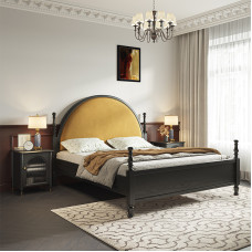 American Retro Double Wooden Bed Master Bedroom Black High Back Soft Package Bed Roman Column Velvet Bed American Retro Double Wooden Bed Master Bedroom Black High Back Soft Package Bed Roman Column Velvet Bed