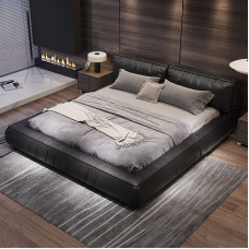 Italian Tofu Leather Bed Modern Minimal Double Bed Master Bedroom Luxurious Simplicity Top Layer Cowhide Black Italian Tofu Leather Bed Modern Minimal Double Bed Master Bedroom Luxurious Simplicity Top Layer Cowhide Black