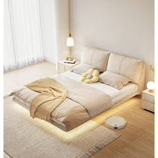 Minimalistic Floating Bed Creamy Fabric Technology Frame Soft Pack Bed Minimalistic Floating Bed Creamy Fabric Technology Frame Soft Pack Bed