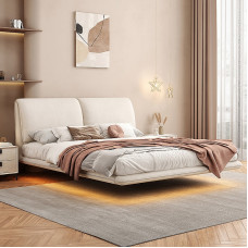 Nordic Cream Floating Fabric Bed for Small Bedrooms Modern Minimalist Double Bed Nordic Cream Floating Fabric Bed for Small Bedrooms Modern Minimalist Double Bed