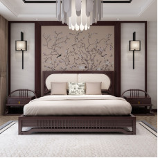 New Chinese Solid Wood Double Bed Bedside Cabinet Wardrobe Rack Bedroom Sample Room Set Wedding Bed