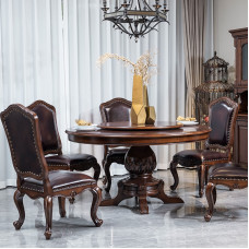 American Style Walnut Luxury Round Dining Table with Turntable Furniture Set