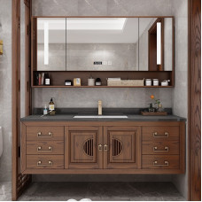 New Style Rock Bathroom Vanity Set Red Oak Solid Wood Sink Basin Smart Mirror Cabinet