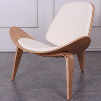 Hans Wegner Style Three Legged Shell Chair In Off White PU Leather