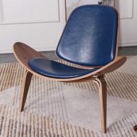 Hans Wegner Style Three Legged Shell Chair In Blue Aniline Leather